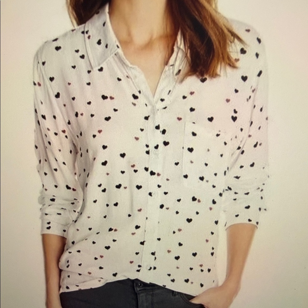 Rails WHITE button down Shirt with red and black Hearts - Sz L